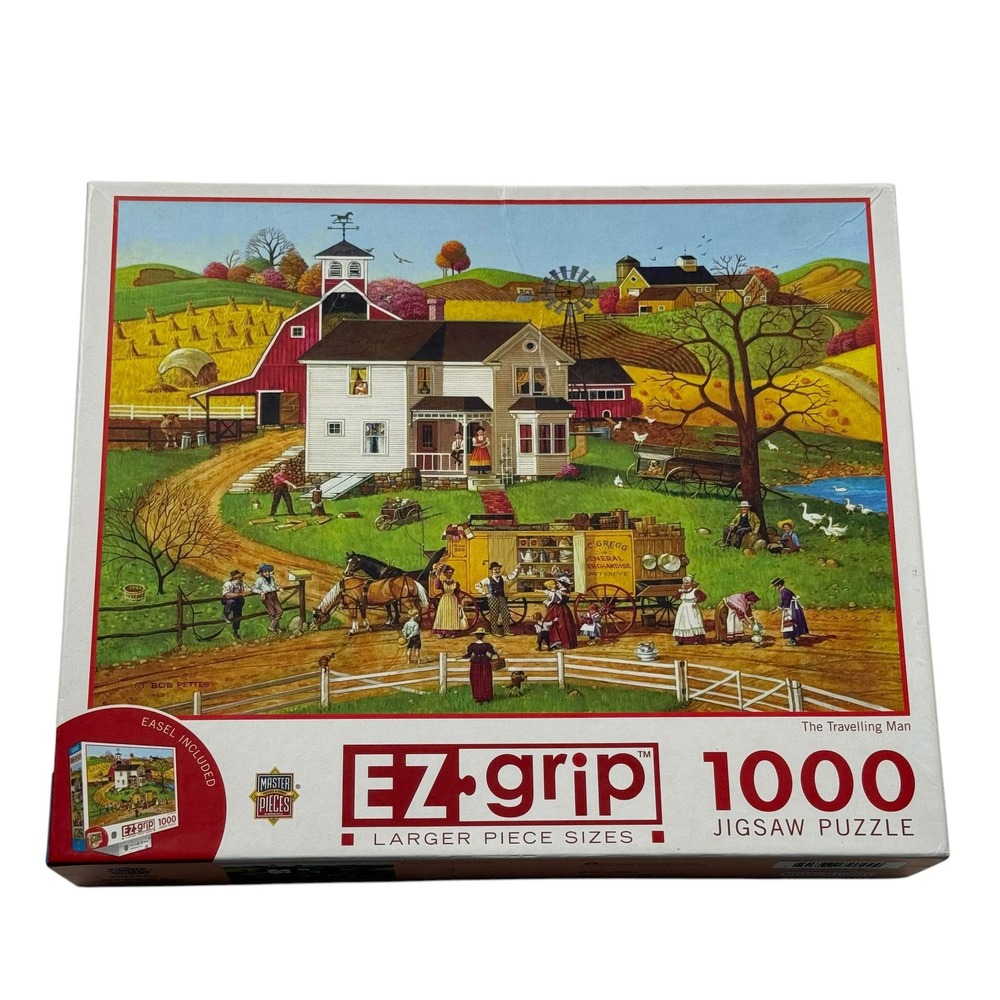 MasterPieces EZ Grip 1000 Puzzle The Travelling Man Bob Pettes W/Easel UNCOUNTED